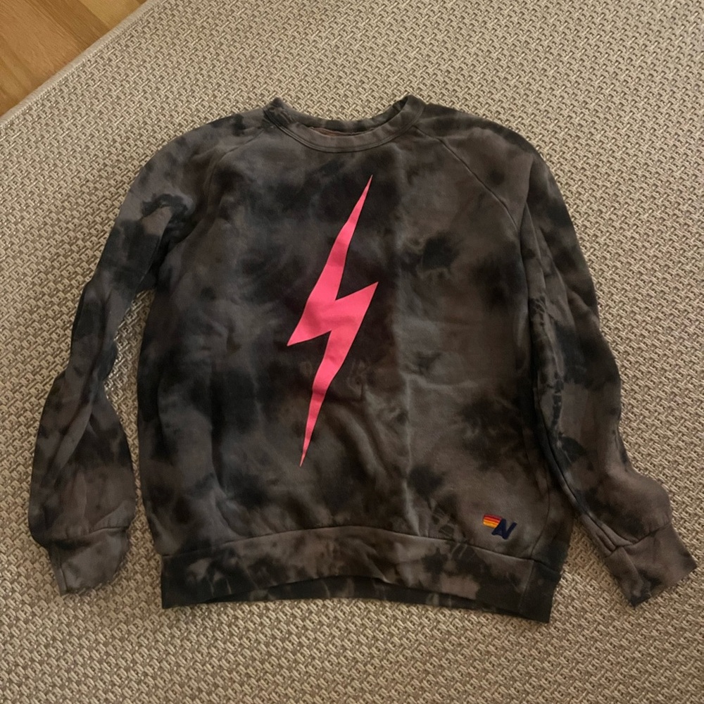 Aviator nation black/gray tie dye crewneck with pink lightning bolt